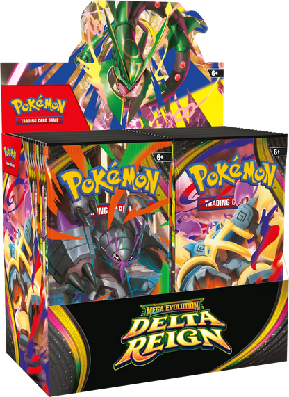Pokémon Booster-Display „Delta Reign“ mit vier Boosterpacks und Mega Evolution-Logo.