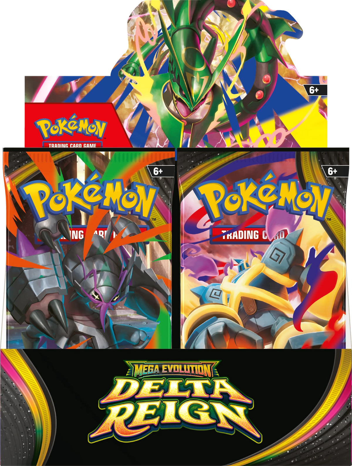 Pokémon Booster-Display „Delta Reign“ mit vier farbigen Boosterpacks im Detail.