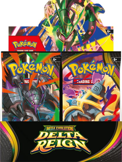 Pokémon Booster-Display „Delta Reign“ mit vier farbigen Boosterpacks im Detail.