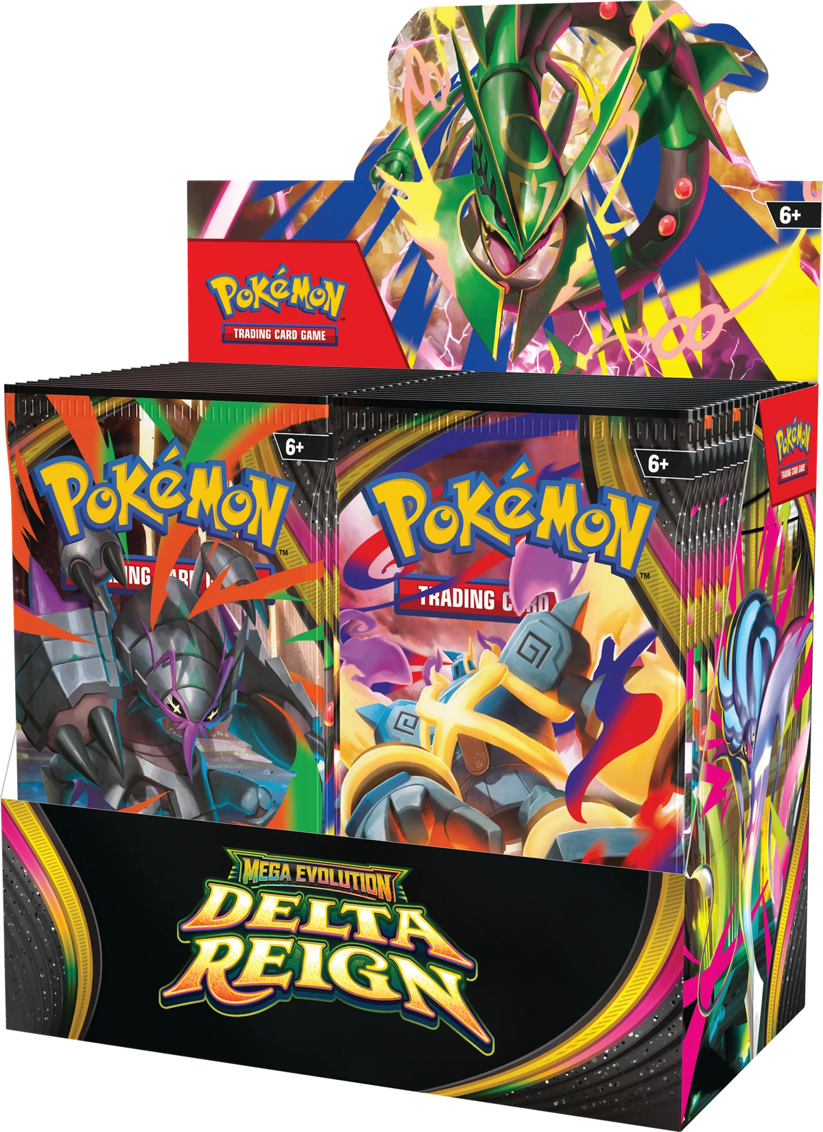 Pokémon Booster-Display „Delta Reign“ mit vier Boostern im Karton, bunt bedruckt.