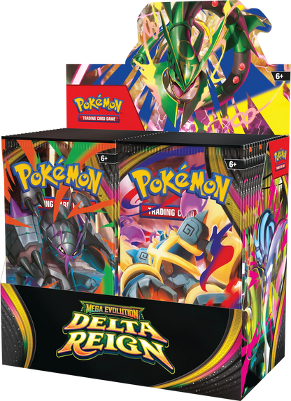 Pokémon Booster-Display „Delta Reign“ mit vier Boostern im Karton, bunt bedruckt.