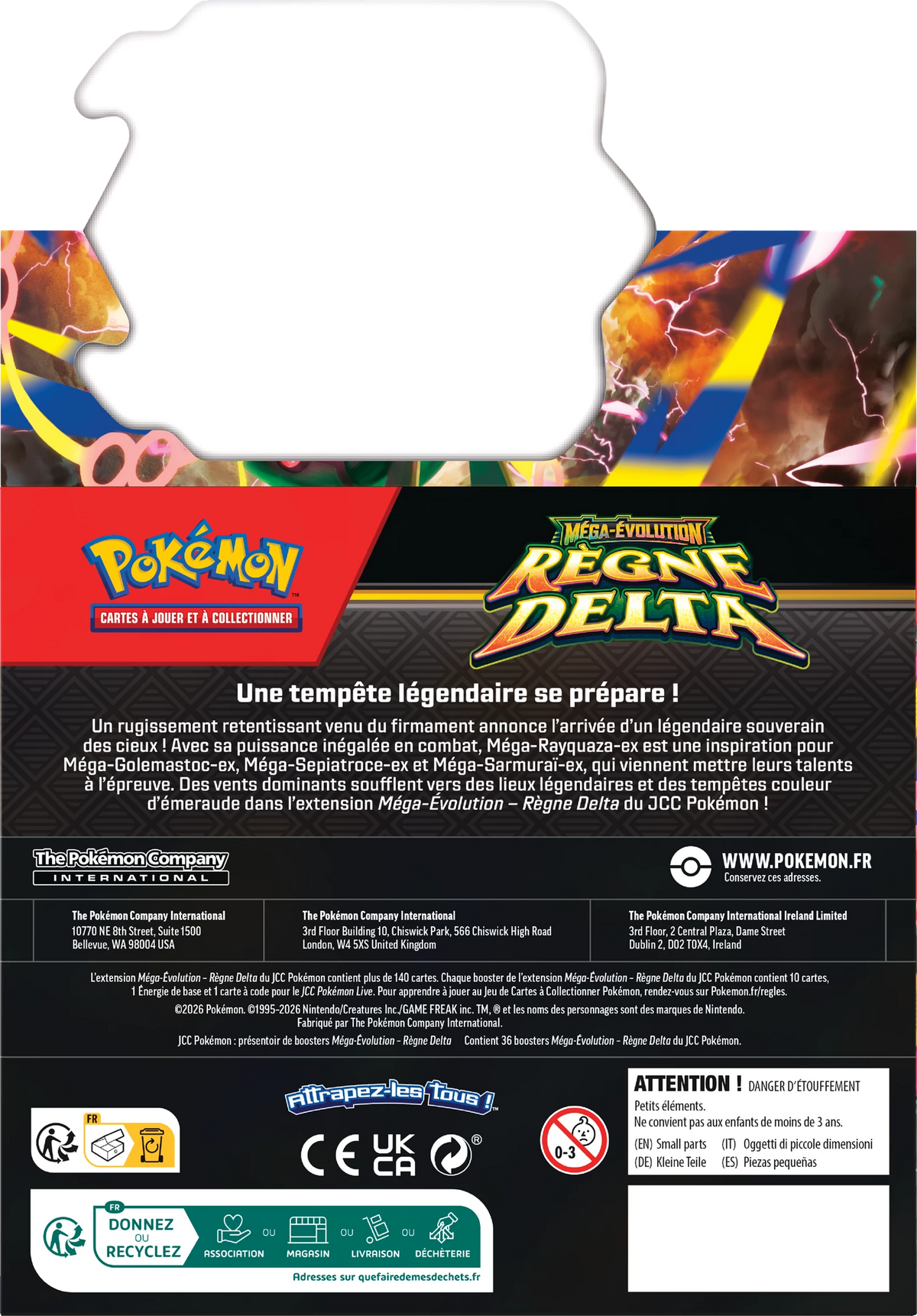 Pokémon Delta Reign Booster-Display Rückseite mit Textzeilen und CE-/Pflegekennzeichen
