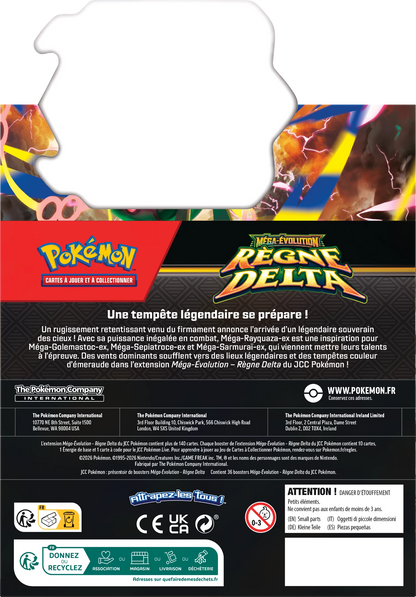 Pokémon Delta Reign Booster-Display Rückseite mit Textzeilen und CE-/Pflegekennzeichen