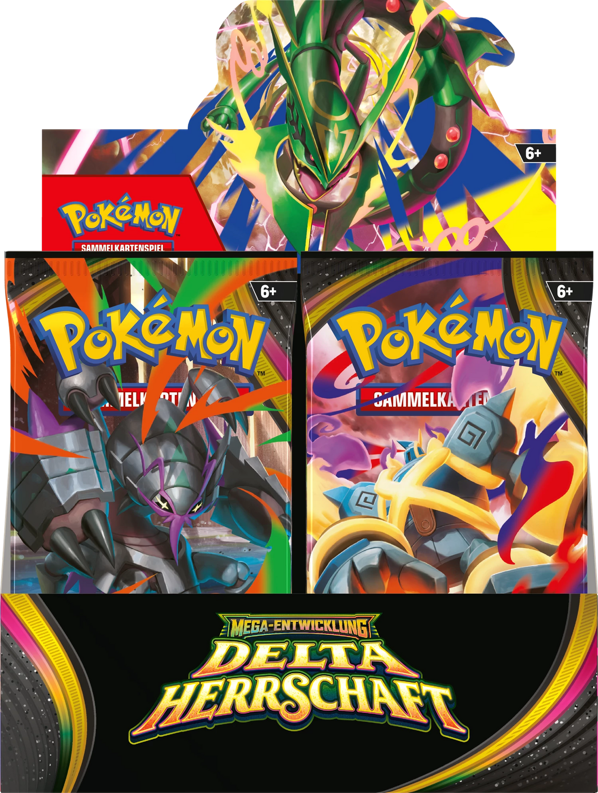 Pokémon Delta Herrschaft Booster-Display mit drei Kartenmotiven und Mega-Entwicklung