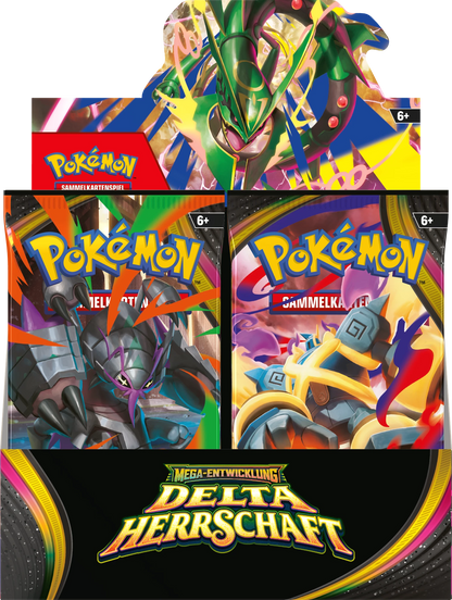 Pokémon Delta Herrschaft Booster-Display mit drei Kartenmotiven und Mega-Entwicklung