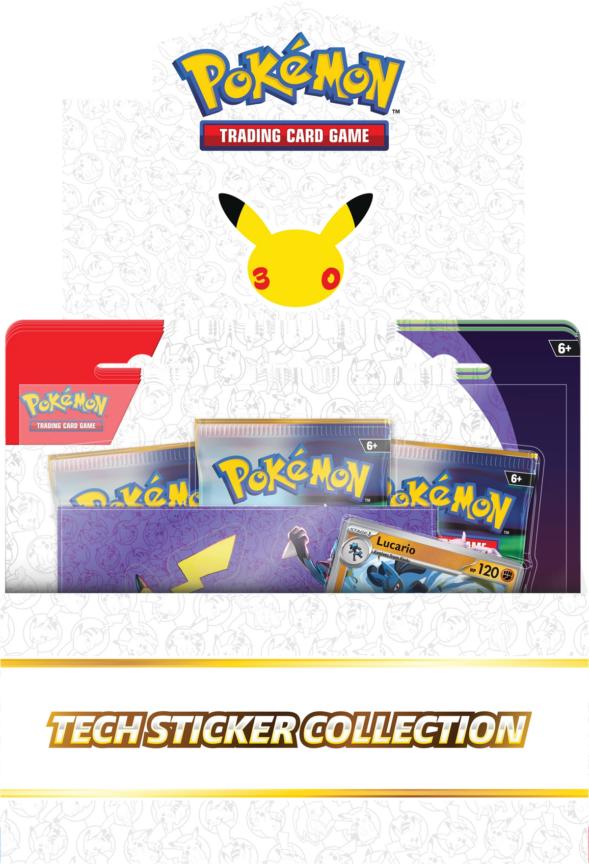 Tech-Stickerkollektion-Boxvorderseite mit drei Pokémon-Kartenpackungen