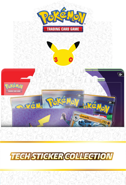 Tech-Stickerkollektion-Boxvorderseite mit drei Pokémon-Kartenpackungen