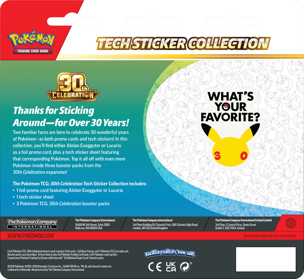 Rückseite der Tech-Stickerkollektion mit „What’s your favorite?“ Pikachu