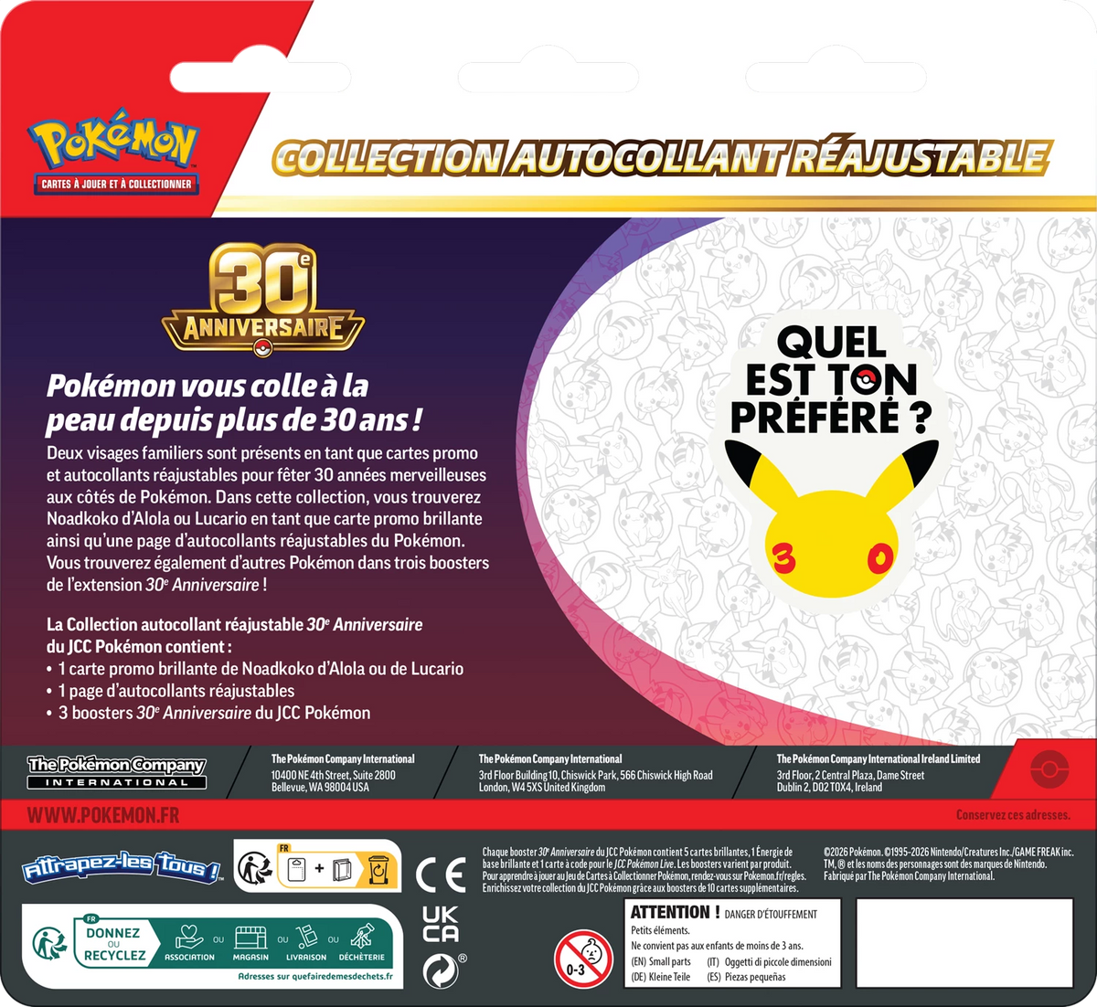 Verpackungsrückseite der Pokémon Sticker-Sammlung, Infotext und Pikachu-Icon