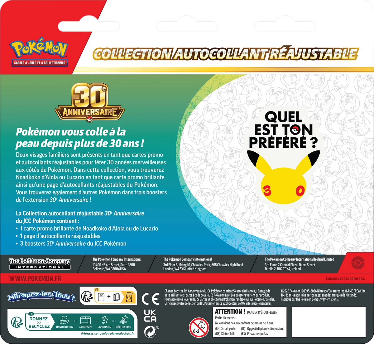 Verpackungsrückseite der Pokémon Sticker-Sammlung, Hinweise und CE/UK-CA-Icons