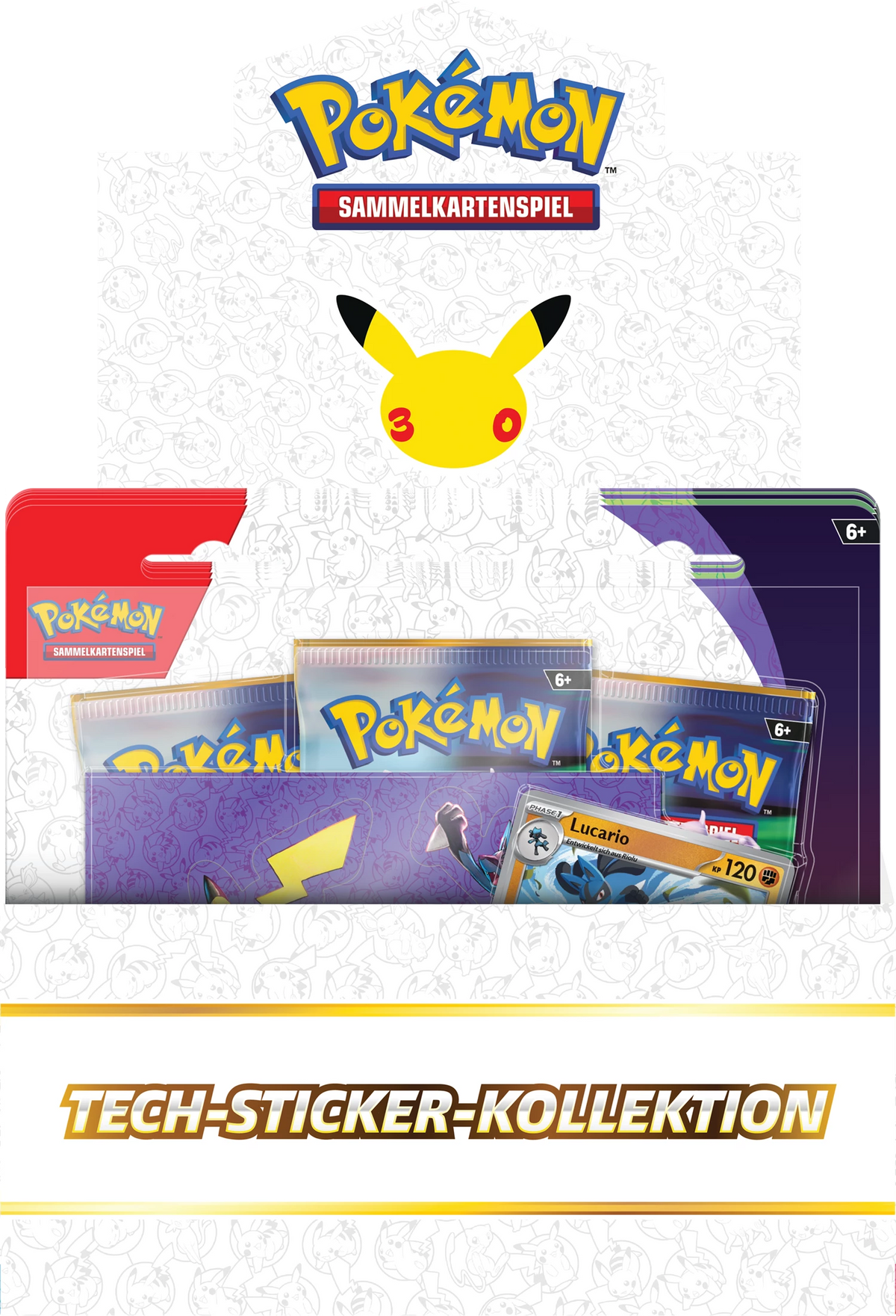 Pokémon Tech-Sticker-Kollektion, Vorderansicht mit Kartenpacks im Set