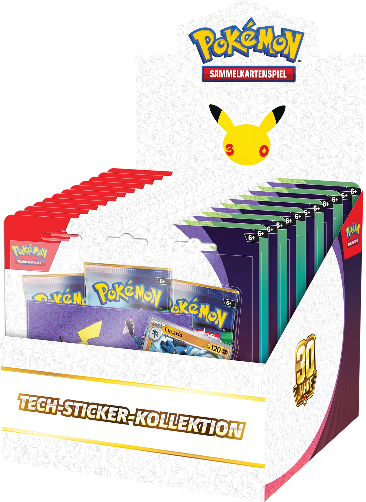 Pokémon Tech-Sticker-Kollektion, Packbox von der Seite mit Kartenpacks