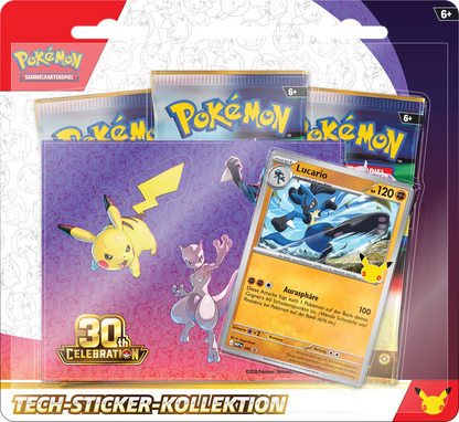 Pokémon Tech-Sticker-Kollektion, Blister mit lila Stickerkarte und Lucario-Illustration