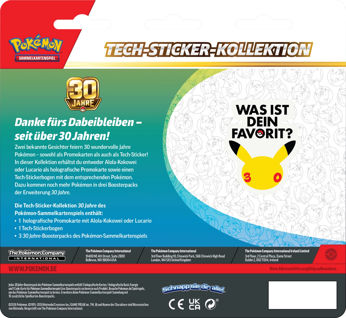 Rückseite der Pokémon Tech-Sticker-Kollektion mit 30-Jahre-Info und Favoriten-Frage
