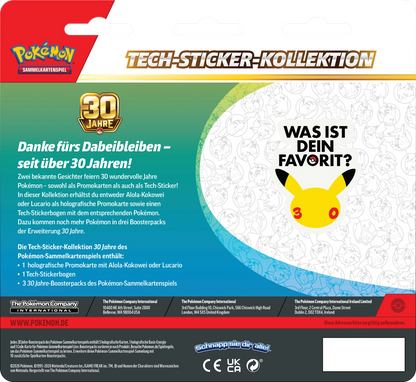 Rückseite der Pokémon Tech-Sticker-Kollektion mit 30-Jahre-Info und Favoriten-Frage