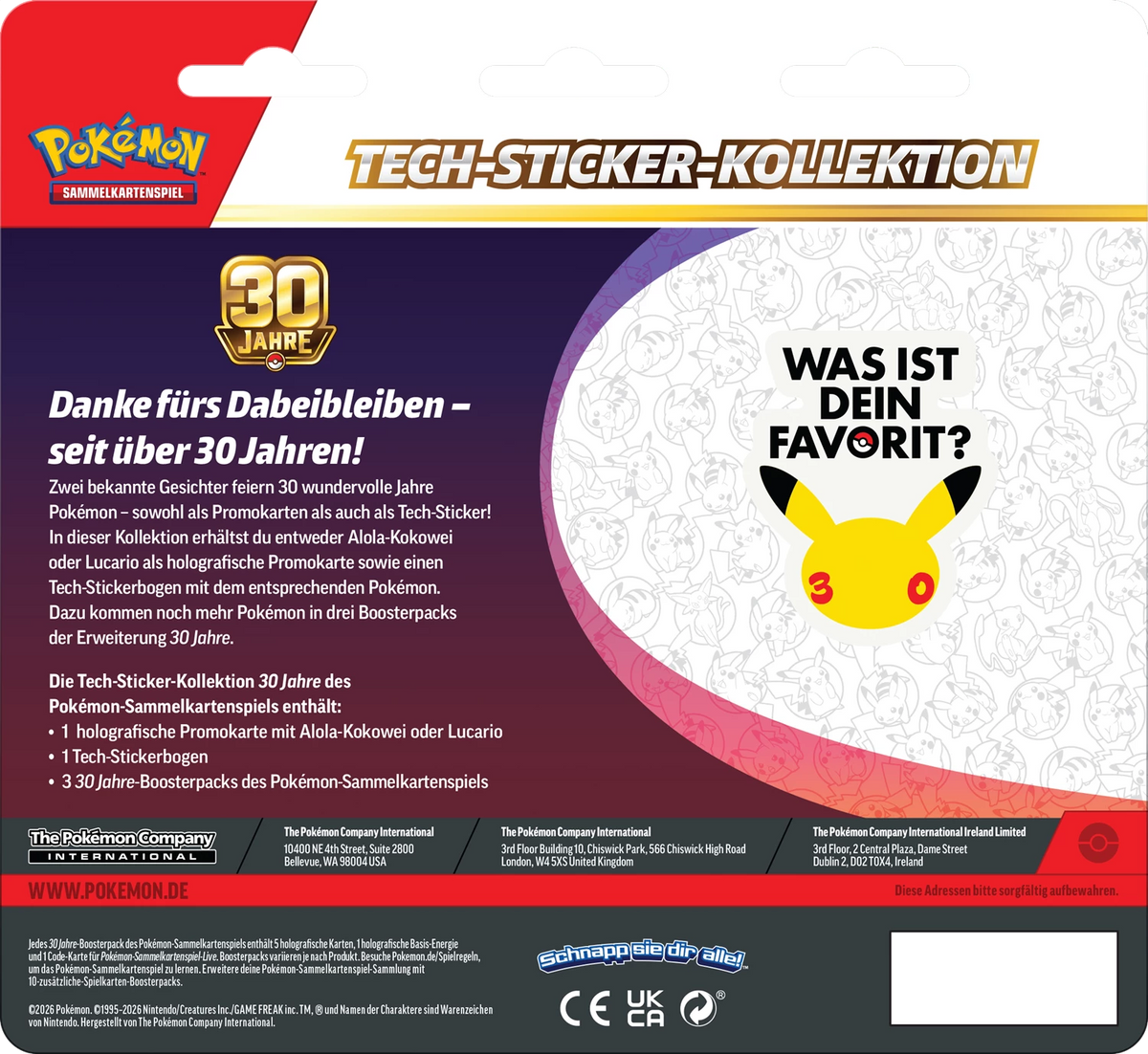 Rückseite der Pokémon Tech-Sticker-Kollektion mit 30-Jahre-Text und Favoriten-Frage