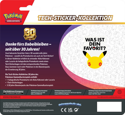 Rückseite der Pokémon Tech-Sticker-Kollektion mit 30-Jahre-Text und Favoriten-Frage
