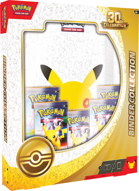 Verpackung der Pokémon-Binderkollektion 30th Celebration mit Pikachu, Kartenfenster und Ziel-Emblem
