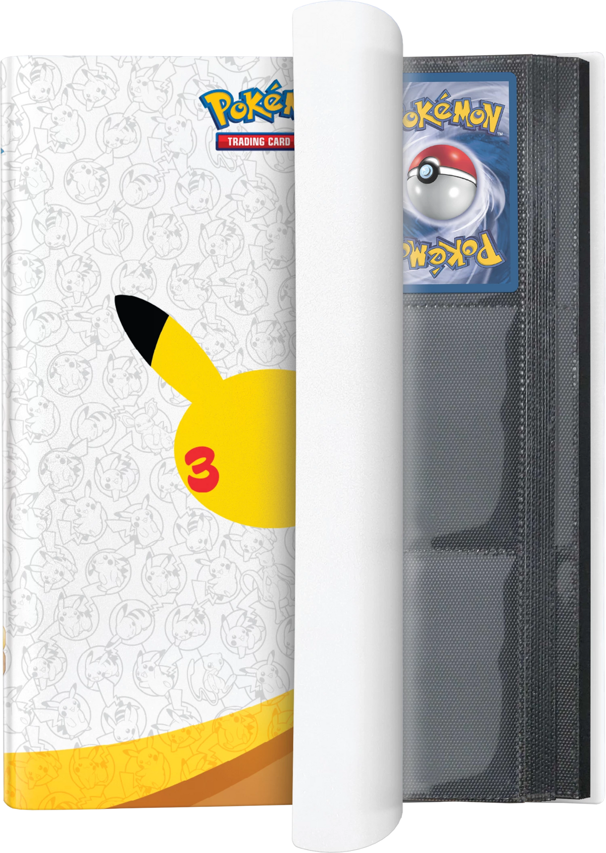 Bindehalter mit Pikachu-Motiv, weißem Rücken und darin steckendem dunkelgrauem Binder