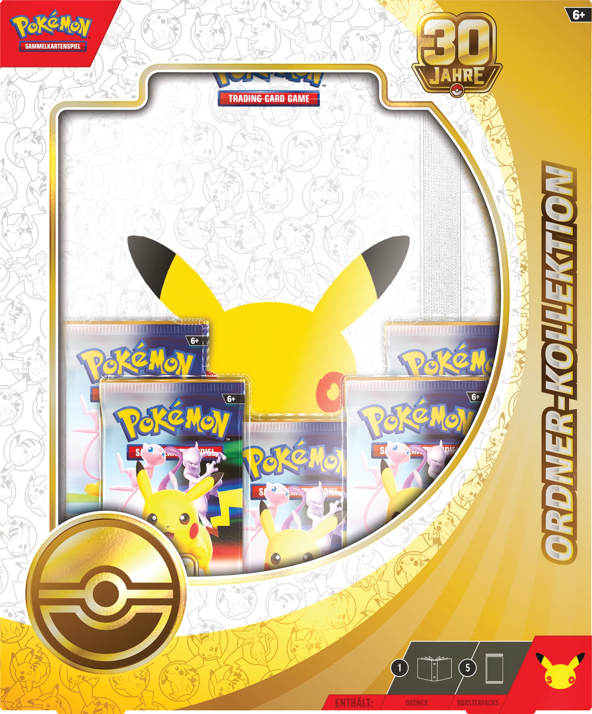 Pokémon-Ordnerkollektion mit 30-Jahre-Logo, Fenster mit drei Karten-Sets und Pikachu