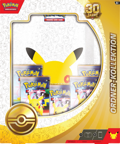 Pokémon-Ordnerkollektion mit 30-Jahre-Logo, Fenster mit drei Karten-Sets und Pikachu