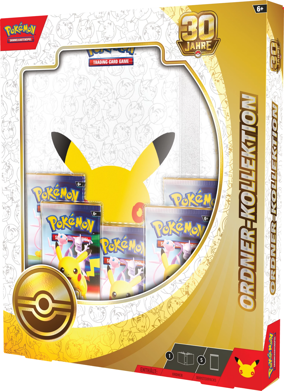 Verpackte Pokémon-Ordnerkollektion mit 30-Jahre-Logo, Fenster mit Karten und Pikachu