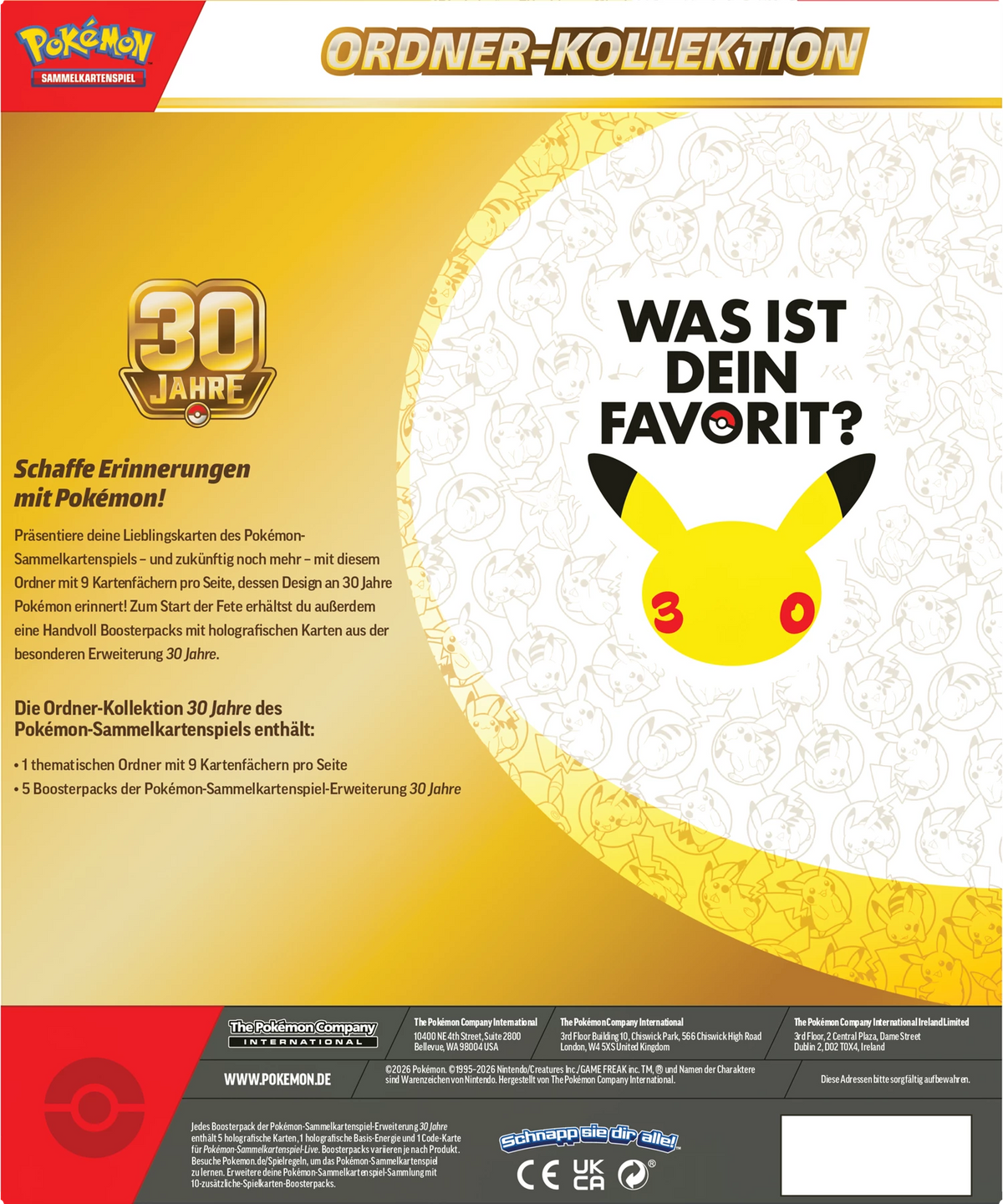 Rückseite der Pokémon-Ordnerkollektion-Verpackung mit Pikachu-Grafik und 30-Jahre-Design