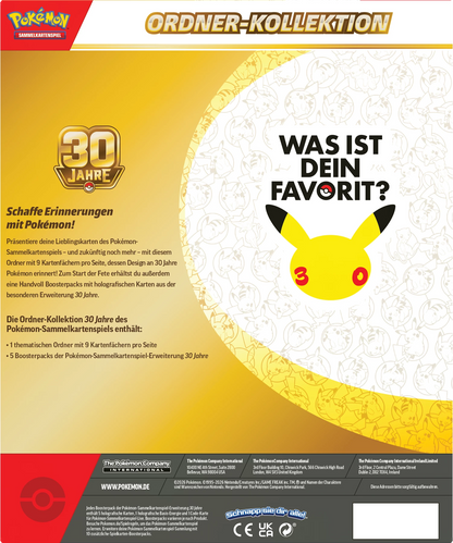 Rückseite der Pokémon-Ordnerkollektion-Verpackung mit Pikachu-Grafik und 30-Jahre-Design