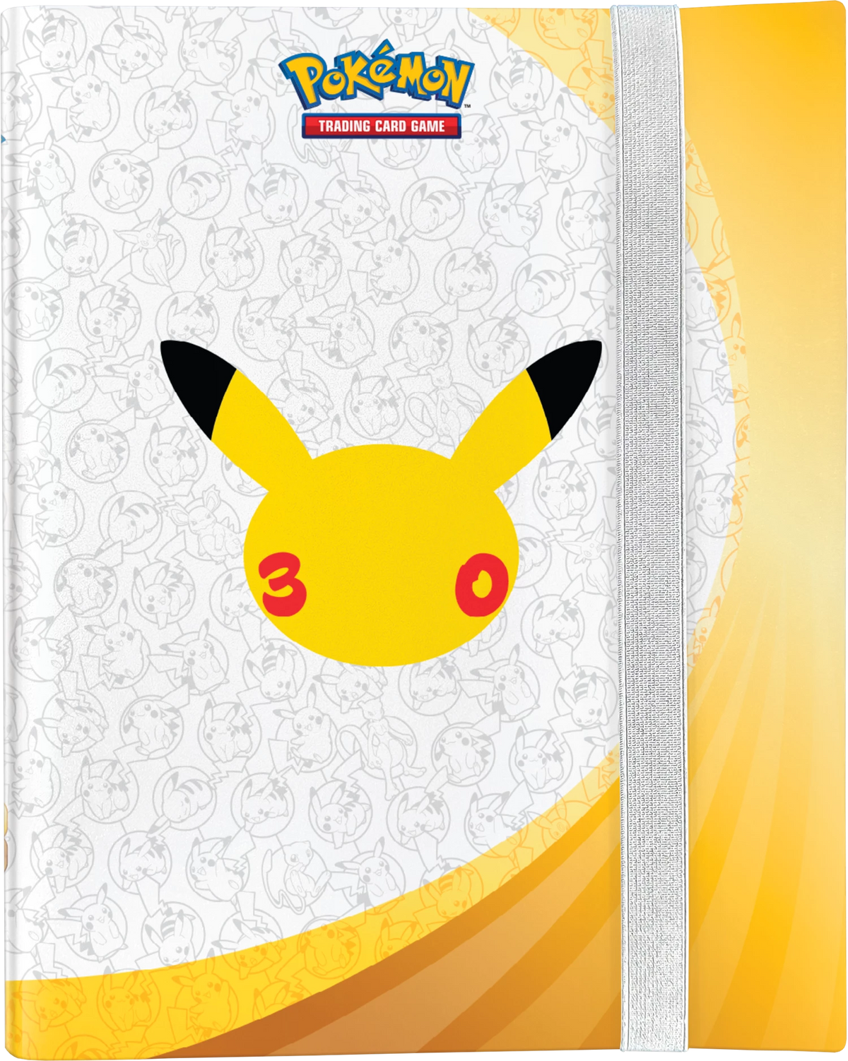 Pokémon-Ordnerkollektion-Cover mit Pikachu, gelben Ornamenten und grauer Rückenleiste