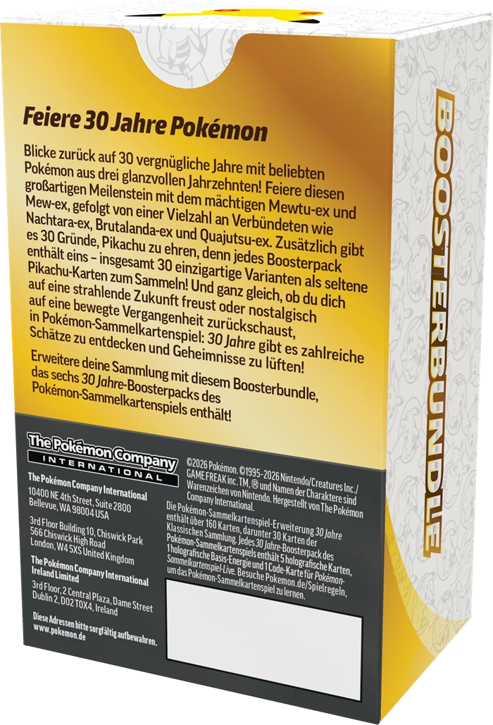 Pokémon 30-Jahre Booster-Bundle, Packungsrückseite mit Inhaltsangaben