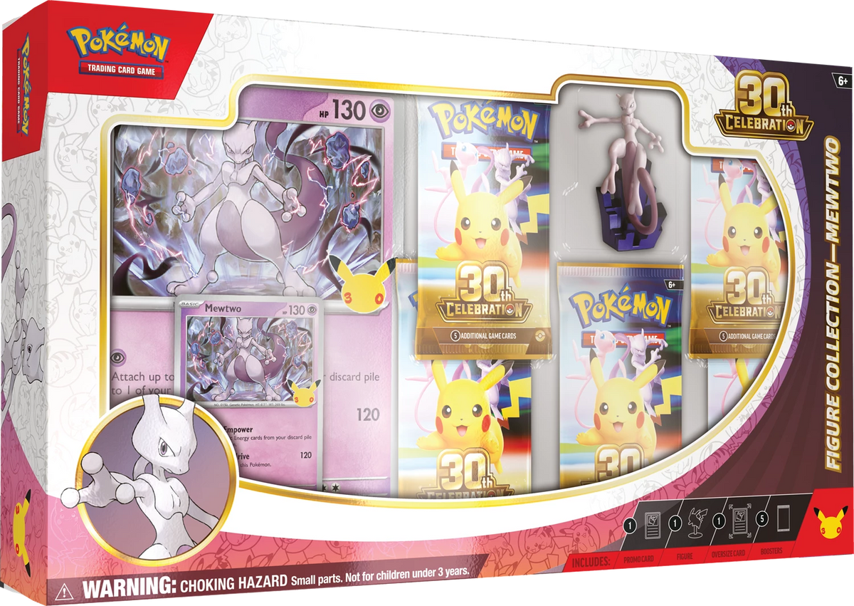 Pokémon-Figur Mewtwo in Verpackung mit mehreren Kartenansichten im Set
