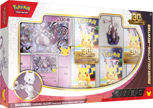 Pokémon-Figur Mewtwo in Verpackung mit mehreren Kartenansichten im Set