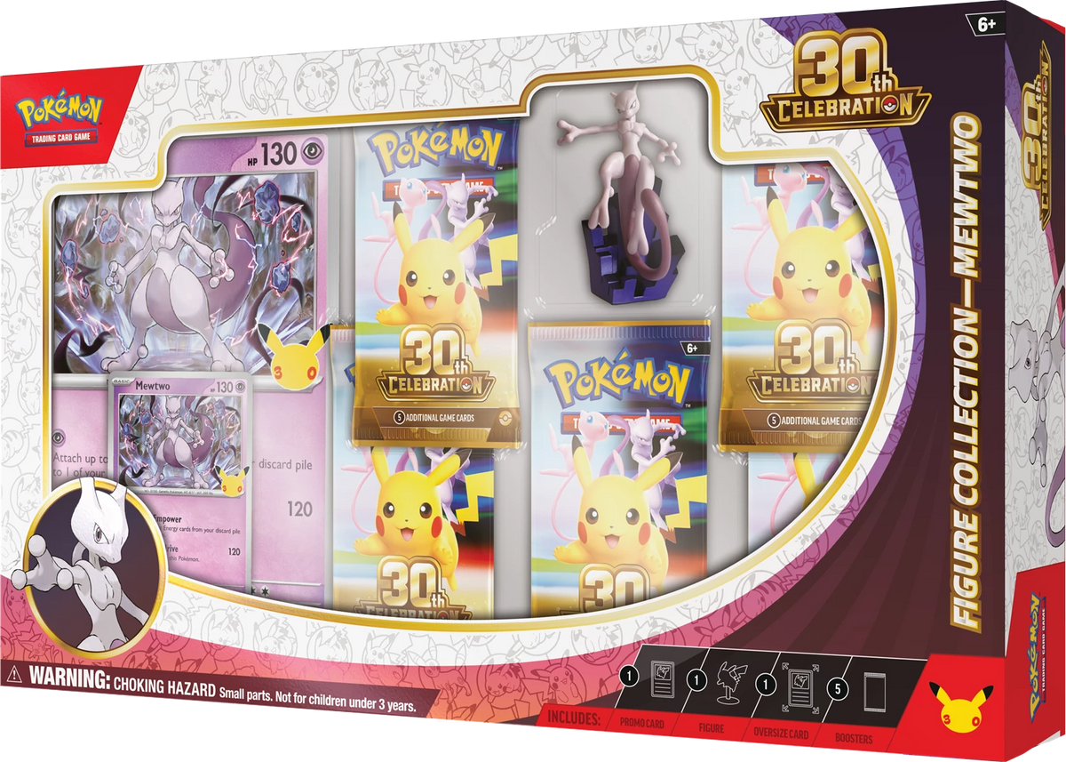 Pokémon 30th Celebration Figure Collection-Box mit Mewtwo-Ansicht und Karten im Set