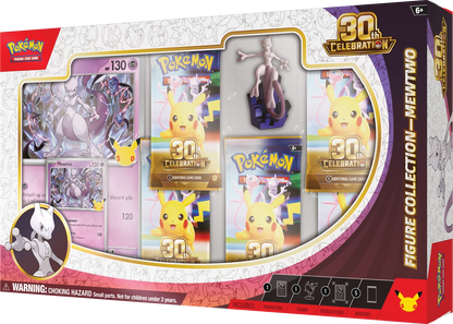 Pokémon 30th Celebration Figure Collection-Box mit Mewtwo-Ansicht und Karten im Set