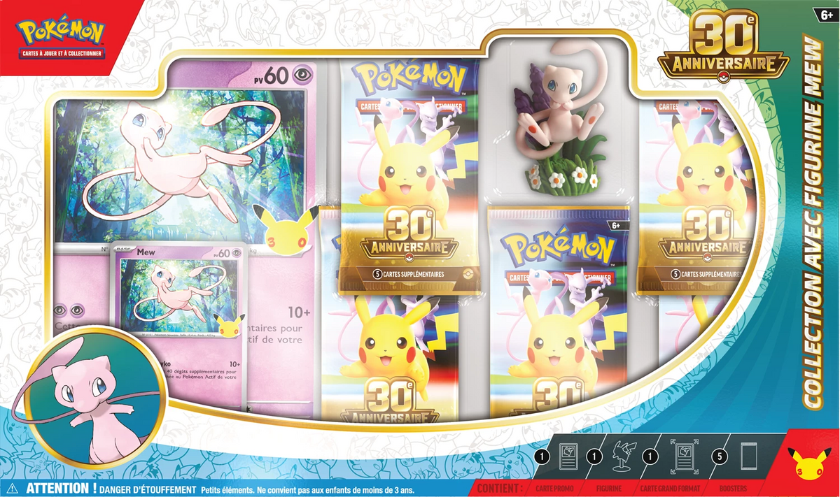 Pokémon 30. Jubiläum Figurenkollektion: Box-Ansicht mit Mew-Figur im Fenster und Zubehör