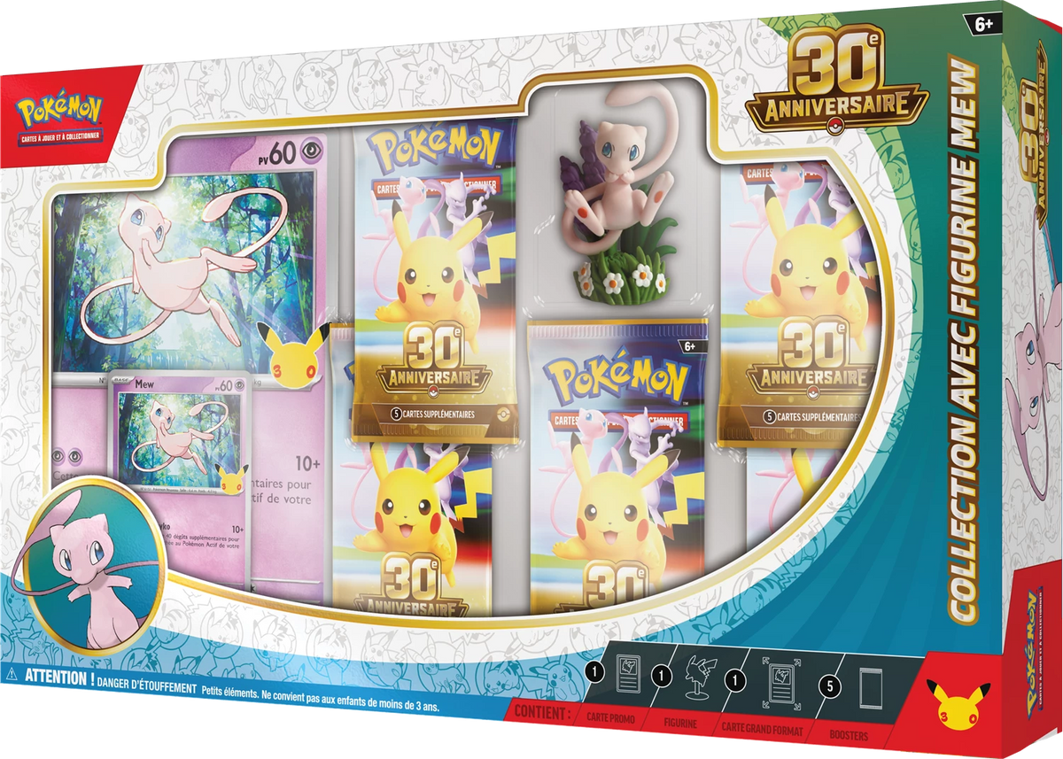 Pokémon 30. Jubiläum Figurenkollektion: Vorderseite-Box mit Mew- und Pikachu-Motiven