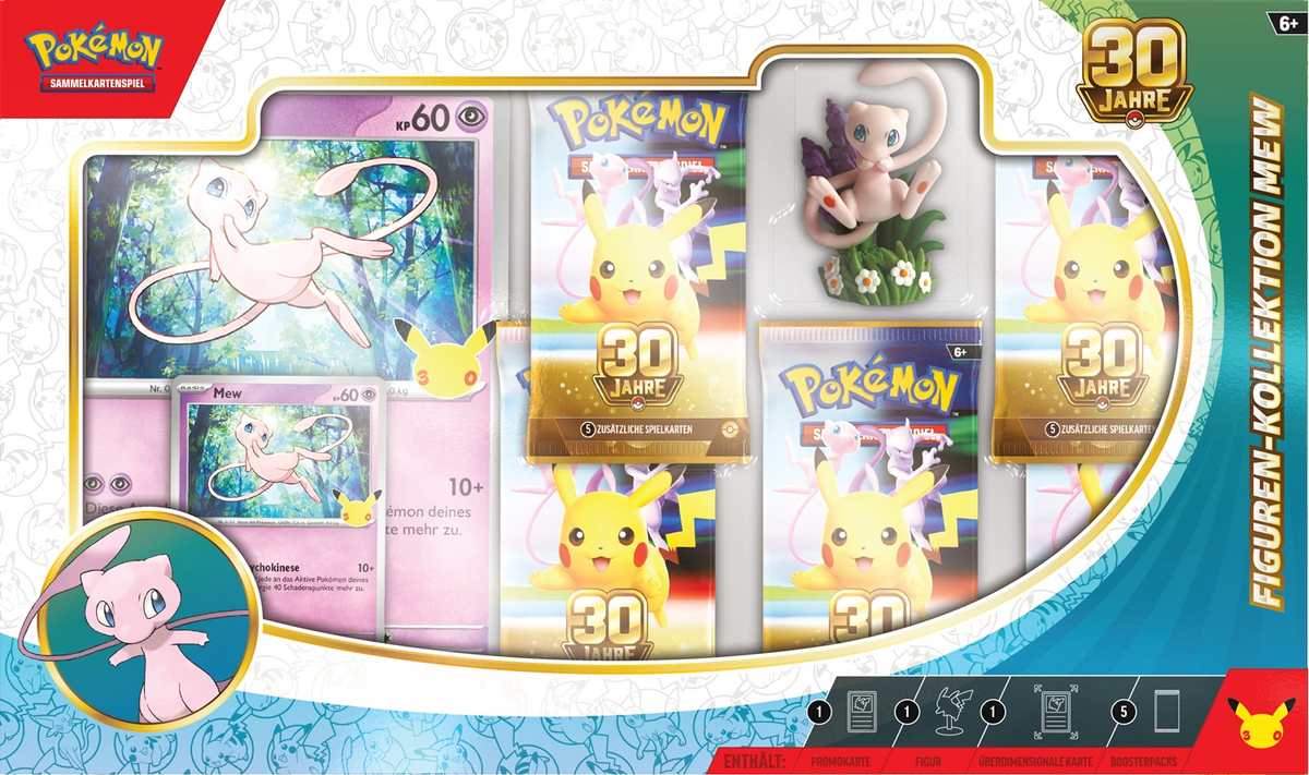 Mew-Figurenkollektion-Box mit Fenster, 30-Jahre-Logo und Pokémon-Icons