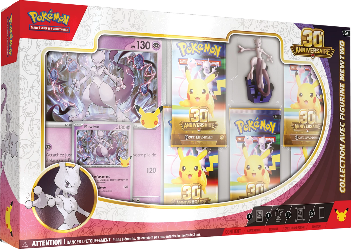 Pokémon-Figurenset 30. Jubiläum in Kartonverpackung, Seitenansicht mit Mewtwo-Abbildung