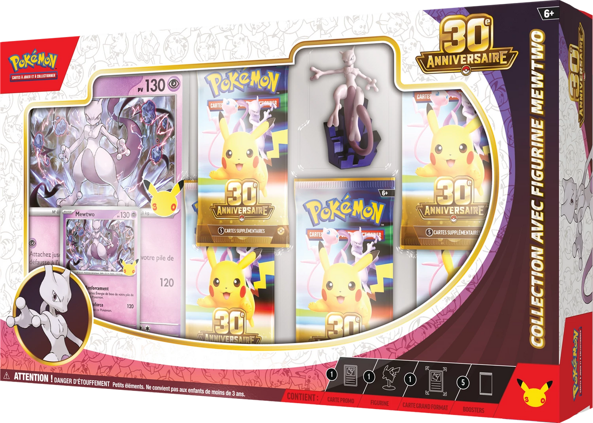 Pokémon-Figurenset 30. Jubiläum: Karton mit vier Motiven und Mewtwo-Hauptfigur