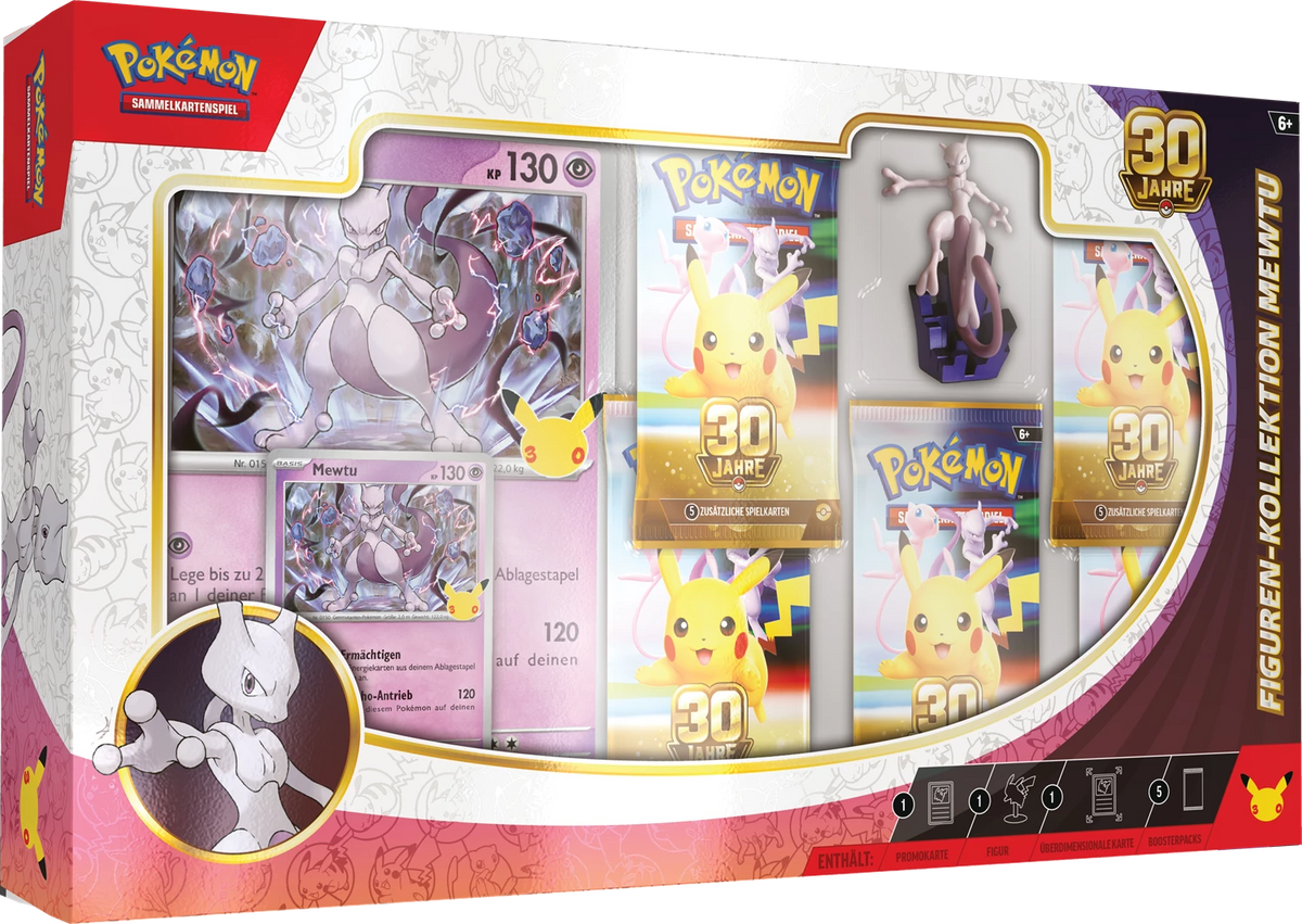 Pokémon 30-Jahre Mewtu Figurenkollektion, Schachtel mit Mewtu in Sichtfenstern