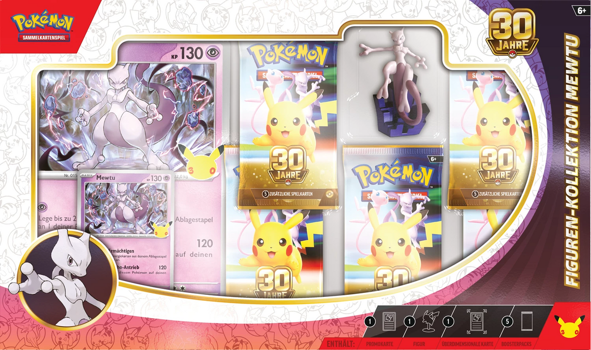 Pokémon 30-Jahre Mewtu Figurenkollektion, Schachtelvorderseite mit Produktfenstern