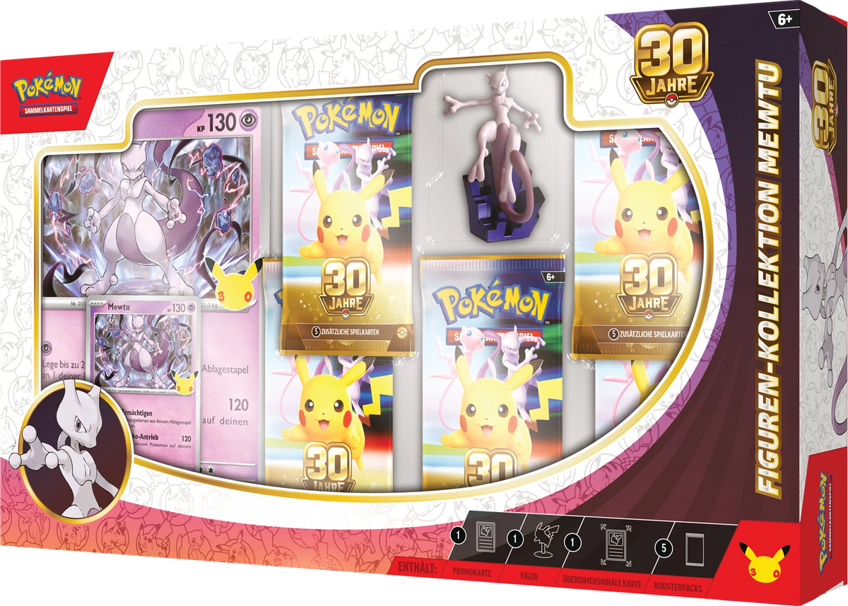 Pokémon 30-Jahre Mewtu Figurenkollektion in Schachtel mit drei Bildfenstern