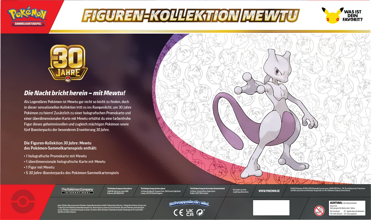 Verpackte Mewtu-Figur aus der Pokémon 30-Jahre-Kollektion, mit Rückseitenillustration
