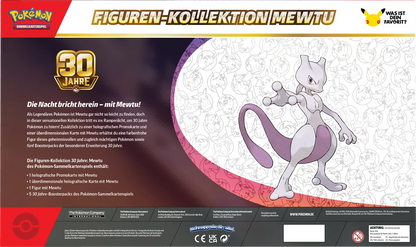 Verpackte Mewtu-Figur aus der Pokémon 30-Jahre-Kollektion, mit Rückseitenillustration