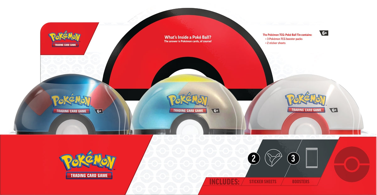 Verpackung mit drei Poké Ball-Dosen für das Pokémon Trading Card Game, Sichtfenster am Karton