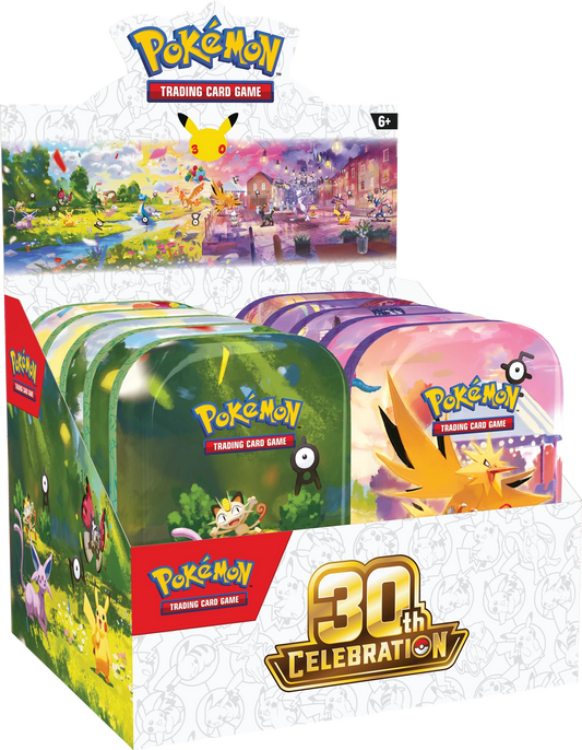 Pokémon 30th-Jubiläums-Mini-Tin-Set in Displaybox mit drei Deckeldesigns und 30th-Logo