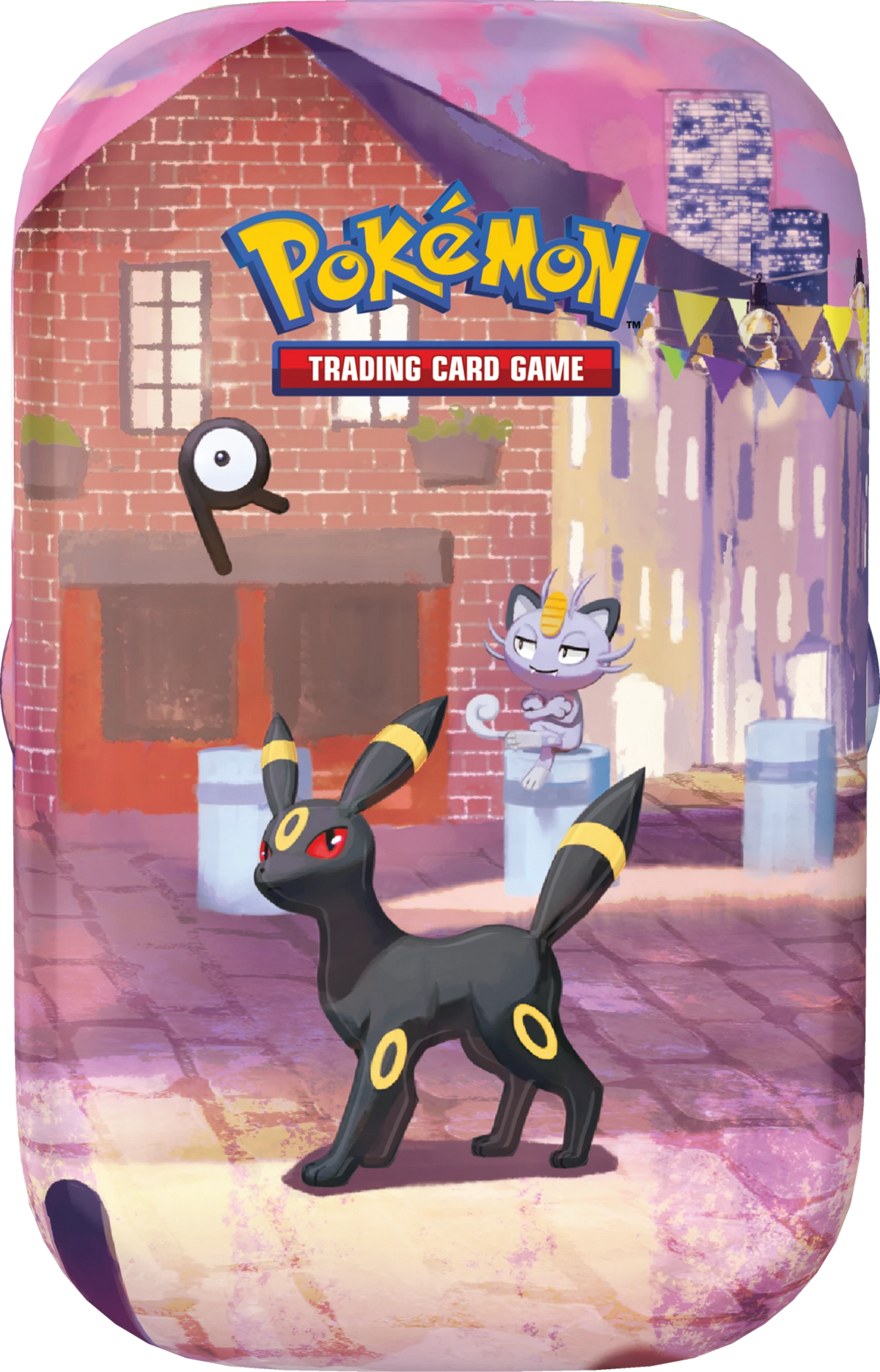 Mini-Tin mit schwarzem Katzen-/Canide-Pokémon in Gasszene und „Trading Card Game“-Logo