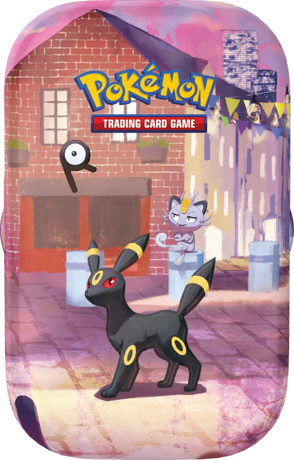 Mini-Tin mit schwarzem Katzen-/Canide-Pokémon in Gasszene und „Trading Card Game“-Logo