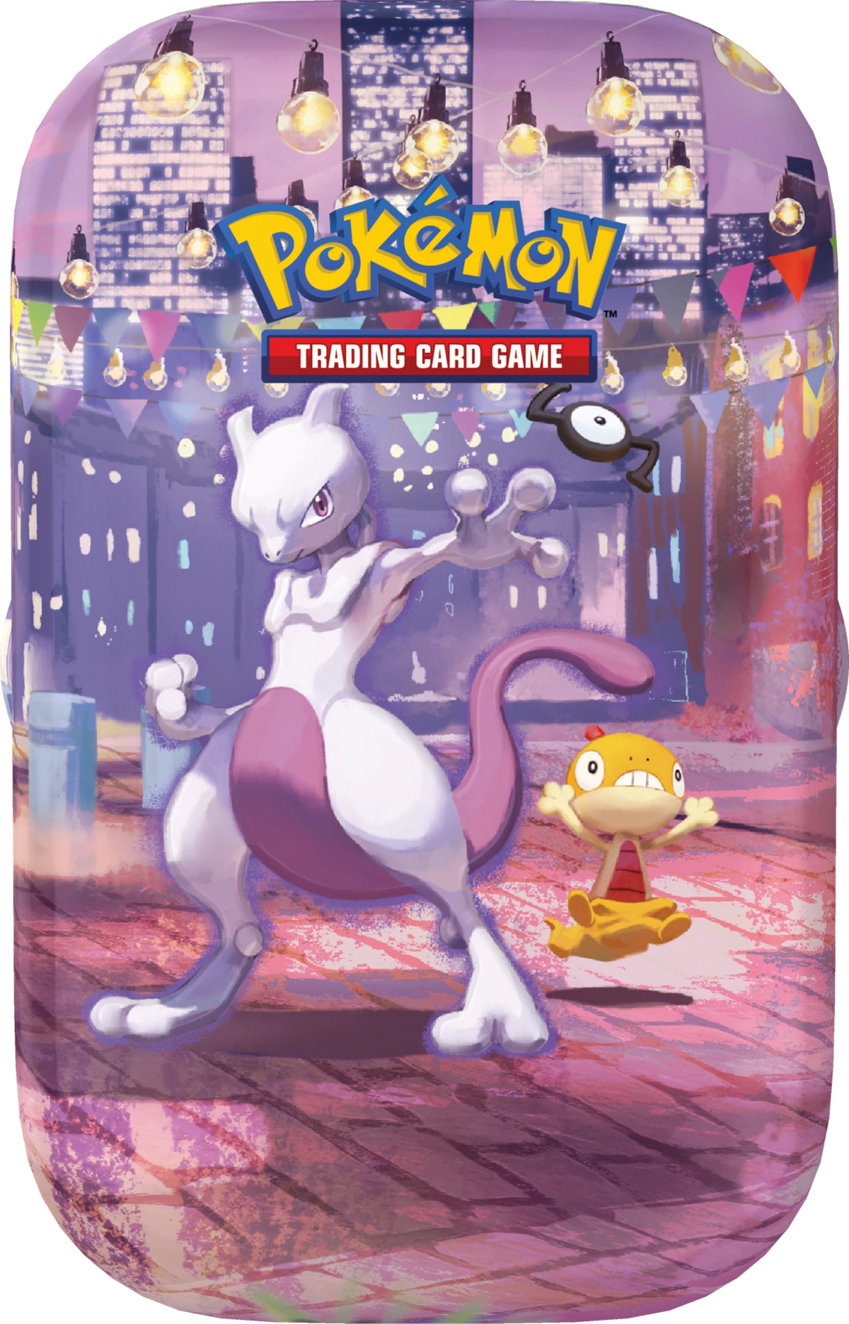 Metall-Dose mit Mewtu, Spielkarten-Logo und Pokémon-Bildmotiv, lila Design