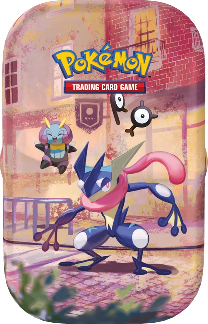 Metall-Dose mit mehreren Pokémon-Figuren, Spielkarten-Logo, blaues und pinkes Motiv